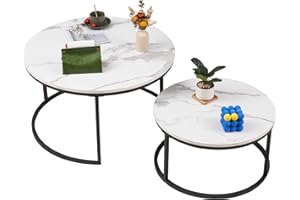 Soayone Couchtisch Rund 2er Set, Weiß Marmor Couchtisch mit Schwarz Metallgestell, Beistelltisch Rund, Wohnzimmertisch Modern, Satztische fürs Wohnzimmer Schlafzimmer Balkon