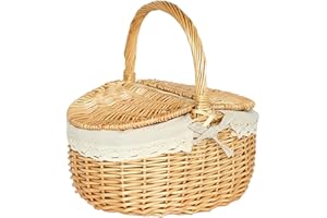 Toddmomy 1 Stück weidenkorb mit henkel, Picknickkorb Mit Deckel und & Liner, pilzkorb Im Vintage-Stil Für Picknick-Camping Im Freien, Für 2 Personen