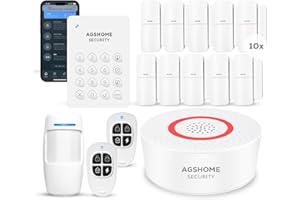 AGSHOME Allarme Casa Senza Fili 15 Pezzi, Sistema Allarme Casa Fai da Te con Wi-Fi & Notifiche App, Include Sirena, 10 Sensori, 2 Telecomandi, 1 Sensore di Movimento, 1 Tastiera, Compatibile con Alexa