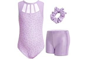 JiAmy Maillot Gimnasia Ritmica para Niña, Diseño único sin mangas Maillot Disfraz Gimnasta Incluyendo Hairband Pantalones cortos Maillot Ballet Niña de 3 a 12 años