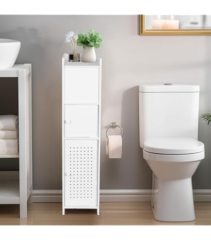 powerking Toiletpapierhouder, boven de wc-opbergkast voor badkamer, slank hoekrek voor kleine ruimtes, kleine badkameropbergkast met deuren voor wit