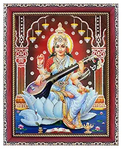 KHANNA Saraswati MATA on Lotus with Sitar Photo Frame for Wall Hanging/Gift/Temple/puja Room/Home Decor Golden Frame with Acrylic Sheet (Glass)