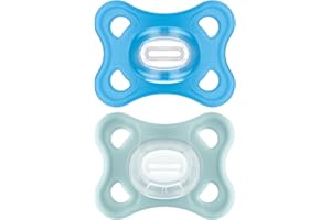 MAM Comfort Succhietto 3-12 mesi (Set da 2), Ciuccio MAM 3-12 mesi in 100% silicone con design unico, Kit da 2 accessori neonato morbidi e leggeri con porta ciuccio sterilizzatore, Azzurro/Neutro