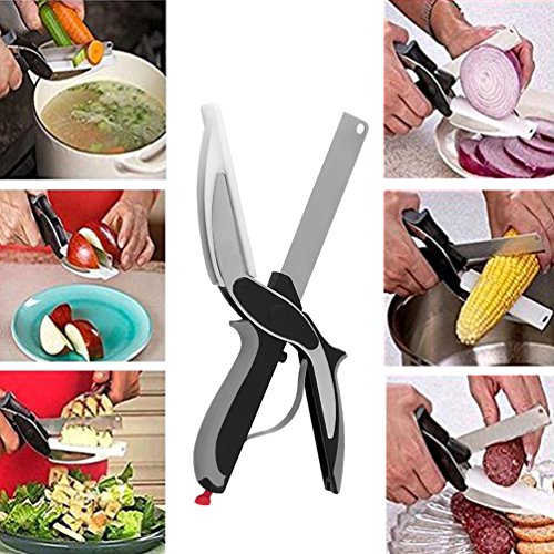 Küchenschere,Yoofor 2 in 1 Multifunktionale Clever Cutter aus rostfreiem Edelstahl, Gemüseschneider und Küchenmesser mit mini Schneidebrett für Salate/ Gemüse/ Fleisch/Kartoffeln und Brot - 7