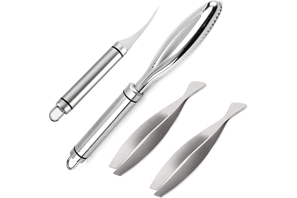 Nuyoah Ecailleur a Poisson Professionnel Grattoir à Écailles Éplucheur Peau Poisson Acier Inoxydable 304 avec 2 Pince à Épiler Fish Bone 1pcs Éplucheurs De Crevettes, pour Cuisine Restaurant