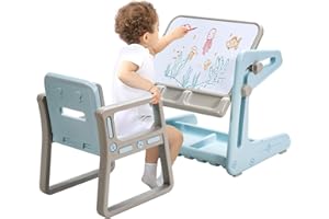 COSTWAY Mesa para Niños con Silla Pizarra Magnética Escritorio con Tablero Altura Ajustable Juego de Mueble con Espacio de Almacenamiento para niños de 3 a 12 años (Azul)