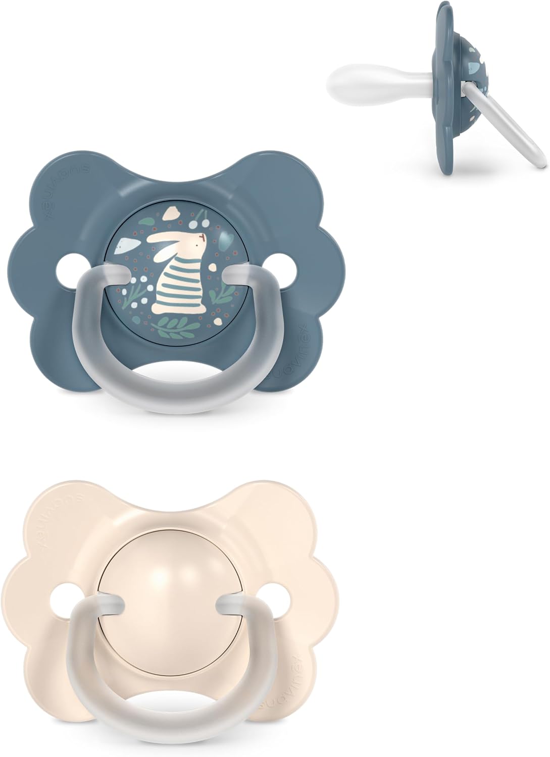 Suavinex, Pack 2 Chupetes Bebés 6/18 Meses, con Tetina Fisiológica de Silicona SX Pro, Simétrica, Plana y Flexible, Respeta el Desarrollo Bucodental, con Anilla, Evita Rozaduras, Wonder Beige + Azul