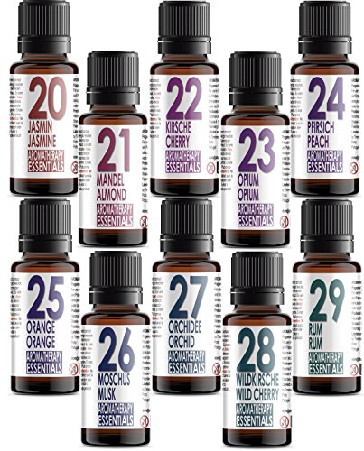 10 Botellas Aceites Esenciales Perfumados en Caja de Regalo.Colección Aromatherapy Essentials 20-29 Jazmín, almendra, cereza, opio, melocotón, naranja, almizcle, orquídea, cereza silvestre
