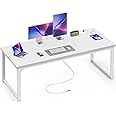 Huuger 63 Inch Desk with Power Outlets & USB-C, Deeper & Thicker Desktop, Robust Metal Tubes, Computer Desk, Heavy Duty Office Desk, for Home Office, White