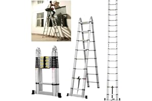RIGOGO Escalera telescópica extensible de 1,9 m + 1,9 m, resistente, de aluminio, con marco en A, con 6 + 6 peldaños, capacidad de carga de 150 kg EN131