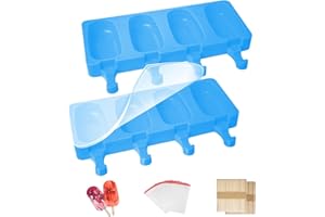 HONNESSERRY Lot de 2 Moules a Glace Silicone, Antiadhésifs Moule Pop Cake Avec Couvercle Silicone, 100 Batonnet En Bois et 50 Sacs de Glace, Sans BPA, Bleu