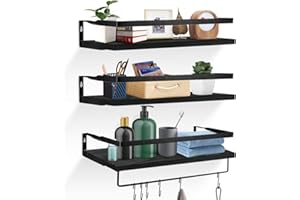 LMYDIDO Regał ścienny, 3 sztuki, regał kuchenny, regał ścienny, regał wiszący, drewniany, z wieszakiem na ręczniki i 6 metalowych haczyków do kuchni, łazienki, salonu, pralni, sypialni, 42 x 15 cm