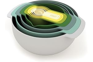 ‎JOSEPH JOSEPH Joseph Joseph Nest 9 Plus, 9-częściowy kompaktowy zestaw do przygotowywania żywności z miskami do mieszania, miarkami, sitkiem i durszlakiem, kolory opalowe