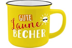 GRUSS & CO Becher Motiv "Gute Laune" | Kaffeetasse aus New Bone China Porzellan, Emaille-Optik, 35 cl | Tasse mit Spruch | 45786