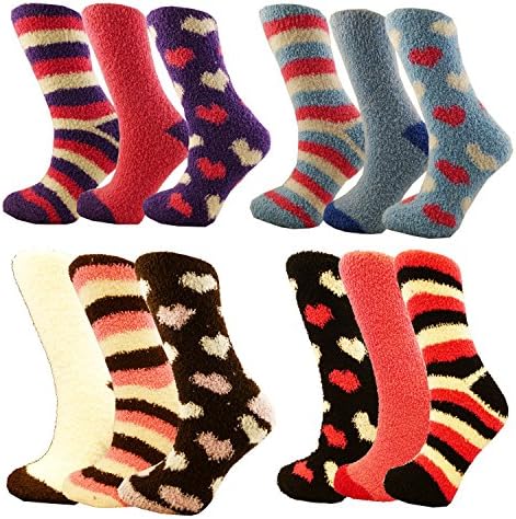 3/6/12 Pairs Ladies Fluffy Stripes & Polka Dot Design Thermal Socks