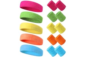 Csirnto Neon Schweißband Set 15 Stück 80er 90er Jahre Stirnband und Schweißband Handgelenk, 5 Farben Sportstirnband Fitness-Schweißbänder Stirn Schweissband Retro Party Accessoires für Damen Herren