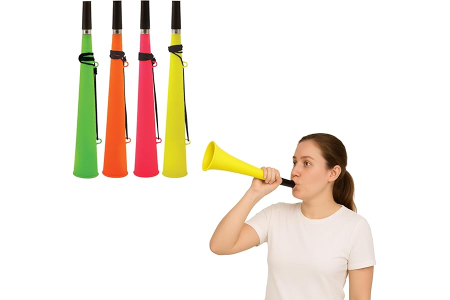 Adult Neon Woofer Horn with String – Loud Plastic Stadium Trumpet, Noise Maker Vuvuzela for Football, Sports, Cheer, Party Favours – Assorted Colours (Assorted, 4, Pack)-For Adul Use Only