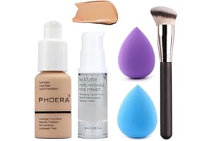 HQDA 5PCS Liquid Foundation Set Matte Liquid Full Coverage Foundation with Face Primer Foundation Brush Makeup Sponge Makeup Set (# 104)