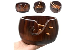Hahhhha Cuenco de Hilo de Madera con Ganchos de Ganchillo de bambú y Soporte para Agujeros, Soporte de Regalo para Tejer Manualidades y Costura, Juego de Cuencos de Hilo para Manualidades, marrón