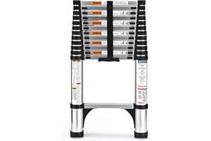 HBTower 3.8M/12.5FT Echelle telescopique, Escamotable en Aluminium,Echelle plianteConvient aux Camping-Cars, greniers, extérieurs et intérieurs, Charge Max 150 kg,Argenté