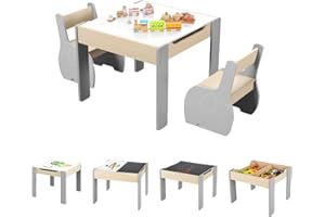 GOPLUS Table Enfant avec 2 Chaises, 4 en 1 Table d’Activité avec Plateau Rabattable à Double Face Tableau Noir/Blanc, Petit Bureau Enfant avec Rangement pour 3-6 Ans, Charge 30KG, Gris