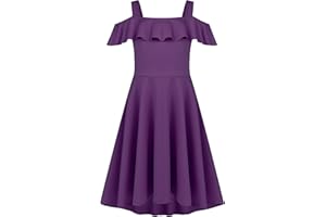 Arshiner Robe d'été pour Filles épaules Dénudées Manches à Volants Robe élégante à Bretelles Robe trapèze Robe Haute et Basse Robes Décontractées avec Poche 4-13 Ans