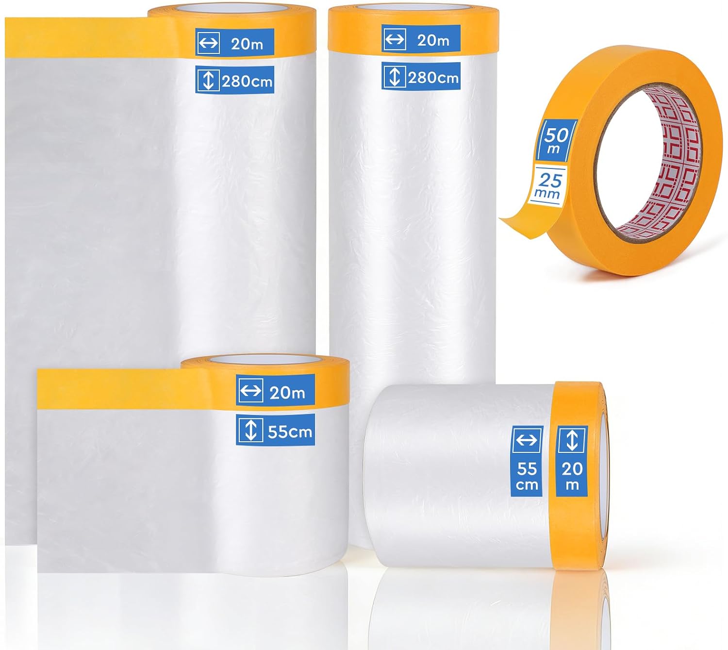 EFUTURETIME 4 rollos de Plástico Cubretodo con Cinta Adhesiva, Plástico Protector Muebles 280 cm x 20 m x 1, 150 cm x 20 m x 1, 55 cm x 20 m x 2 y 1 rollos de Cinta de Pintor 25 mm x 50 m