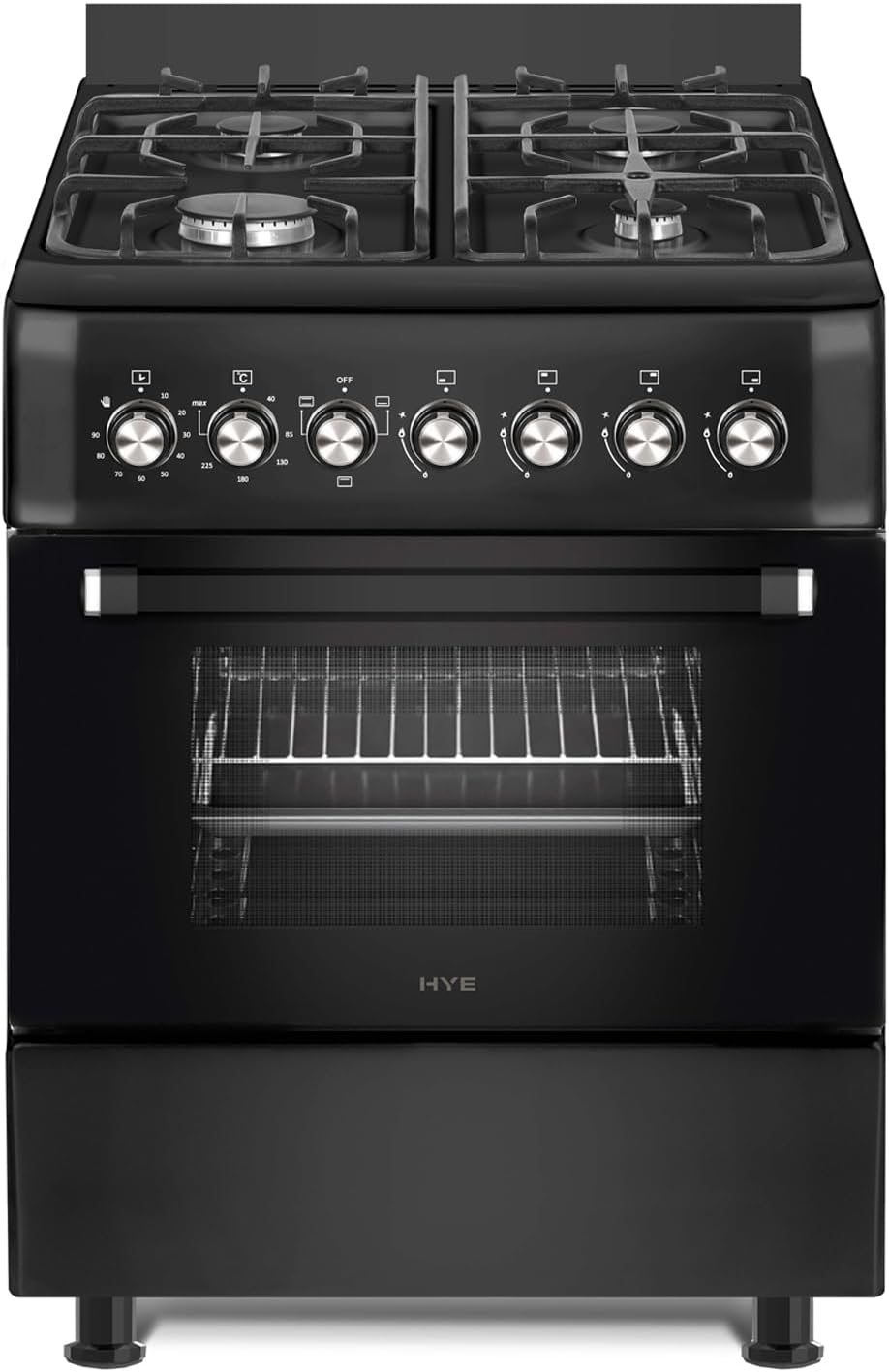 HYE Cooker - Gas Cooker With 4 Gas Burners, 62L Electric Oven, 60cm Width, Modern Freestanding Design, Black, Ideal For Family Homes - C01FS60G17