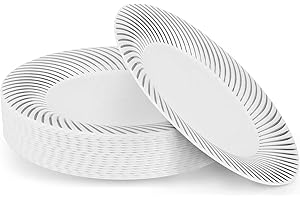 MATANA 20 Platos Premium de Plástico Duro Blanco con Borde Plateado, 25cm - Resistentes, Elegantes y Reutilizables - Bodas, Cumpleaños, Navidad, Barbacoas, Fiestas