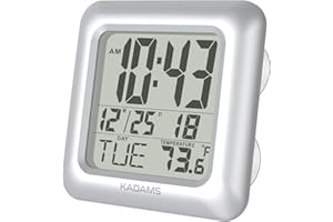 KADAMS Digital Bathroom Shower Clock, Waterproof for Water Spray, Temperature Thermometer, Seconds, Calendar Date Month Day, Suction Cups, Table Stand, Hanging Rope Wall Clock - Silver Frame