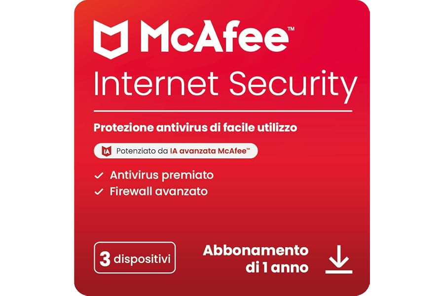 McAfee Internet Security 3 dispositivi 2025 12 mesi PC protetto in tempo reale contro le minacce nuove e in evoluzione Downlo