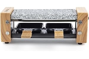‎H.KOENIG H.Koenig Raclettegerät Duo Multifunktion 2 Personen WOD2 Naturholzdesign, Herausnehmbarer Granitstein, Professionelles Käsefondue Raclette, 2 antihaftbeschichtete Pfännchen, 2 Holzspachteln