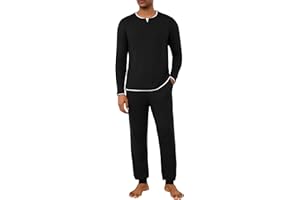 Jahetuul Pyjama Homme Hiver Coton Col Rond Ensemble de Pyjamas Manches Longues Haut Uni avec Design de Col à Effet Superposé et Pantalon Confortable