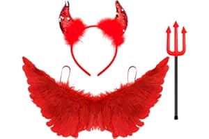 FEILOREVA Red Angel Wings with Wand and Devil Horns Headband – Womens Halloween Costume Adult Set for Dark Fallen Angel Party Look