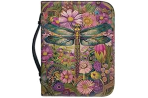 Kuiaobaty Vintage Dragonfly Flowers Book Cover for Women Folk Art Dragonflies Floral Handle Bible Case with Inside Pen Pocket,Bookish Gift