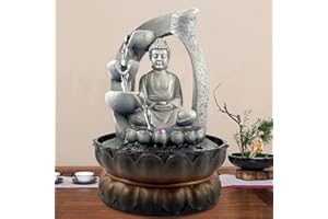 RIBASUBB Fuente de polirresina, fuente de Buda, fuente de agua, resina con iluminación LED, 28 cm, decoración para interiores, iluminación