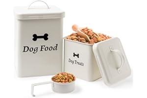 LYCN 2 Pack Dog Food Storage Container, White Pet Food Storage Containers Airtight Pet Treat Storage Container with Lid & Scoop, Dog Food Tin for Storing Dry Food Biscuit Treats(5lbs, 2.5lbs)