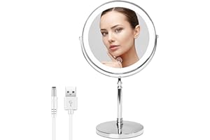 WITFAMILY Countertop Vanity Mirror， 8'' Rechargeable 1x/10x Magnifying Mirror with LED Lights，3 Color and Brightness Adjustable, Touch Control 360° Rotation Light up Mirror,8H Battery(Sliver)
