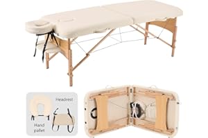 YOUNIKE Lettino da Massaggio a 2 Zone in Legno Lettino Massaggio Regolabile Imbottitura Comfort Poggiatesta Multifunzione con Borsa per Trasporto Inclusa, Capacità 250 kg Beige