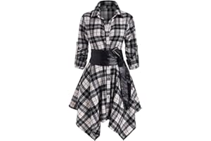 OLIPHEE Femmes Manches Longues Ceinturé Une Robe à Carreaux Chemise en Ligne Casual Tunique Robe