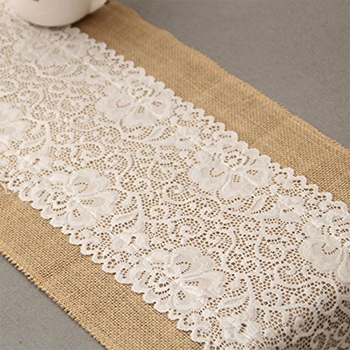 PsmGoods® Rustic Burlap Spitze Hessischen Tischläufer Natürliche Jute für Hochzeit Festival-Ereignis Tischdekoration 30x180cm-weiße Spitze - 3