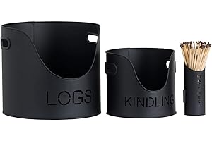 HILL INTERIORS Hill 1975 19143 Log's & Kindling Buckets + Matchstick Holder in Black, Metal, Mixed, one