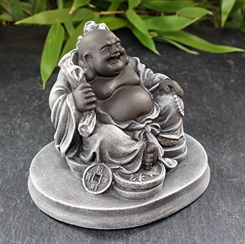 Glücksbuddha Figur – Schwarz/Schiefergrau, Buddha, Statue, Deko, Geschenk, Steinguss - 2