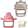 JUSONEY Baby Teethers, 2 Packs Anti-Drop Silicone Teething Toys for Infants 12+ Months, Baby Teething Gloves 3D Chicken and Triceratops Shape Prevent Finger Sucking for Breast Feeding Babies