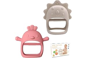 JUSONEY Baby Teethers, 2 Packs Anti-Drop Silicone Teething Toys for Infants 12+ Months, Baby Teething Gloves 3D Chicken and Triceratops Shape Prevent Finger Sucking for Breast Feeding Babies