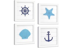 Fangoo 4Pack Nautical Hanging Ornament Decoration Ocean Theme Decoration Coastal 3D Wall Art with Starfish Seashell Anchor and Ship Wheel Rustic Coastal Bathroom Decor for Home or Beach House