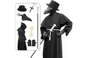 FEILOREVA Plague Doctor Costume Set for Halloween – Includes Long Nose Beak Mask, Hooded Cloak, Hat, Cross Necklace, Gloves & Cane – Cosplay Plague Doctor Outfit for Adults Mens Womans