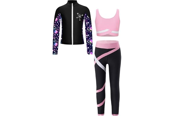 TiaoBug Enfant Fille Ensemble Patinage Artistique Vestes Top Strass Zippée Manches Longues et Débardeur Legging de Sport Survêtement Justaucorps Gymnastique 5-16 Ans