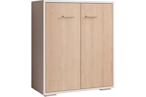 MB Muebles Bonitos, Aparador pequeño Lander L2 para Salón Moderno, Armario Auxiliar, Blanco y Sonoma, 60x71x30 cm