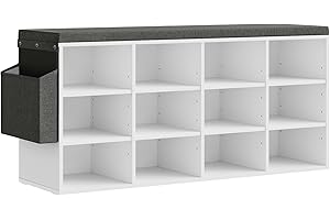WOLTU Panca Scarpiera da Ingresso, Scaffale Porta Scarpe a 12 Scomparti con Seduta Imbottita, Mobile da Ingresso Salvaspazio in Legno, Bianco, 102x30x48,5 cm